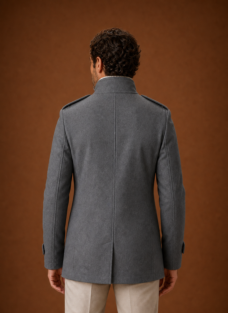 Back view of men's overcoat showing plain back with no buttons