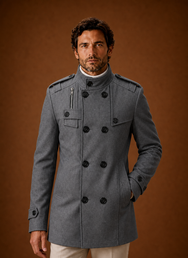 Front view of men's double-breasted overcoat on mannequin with buttoned front