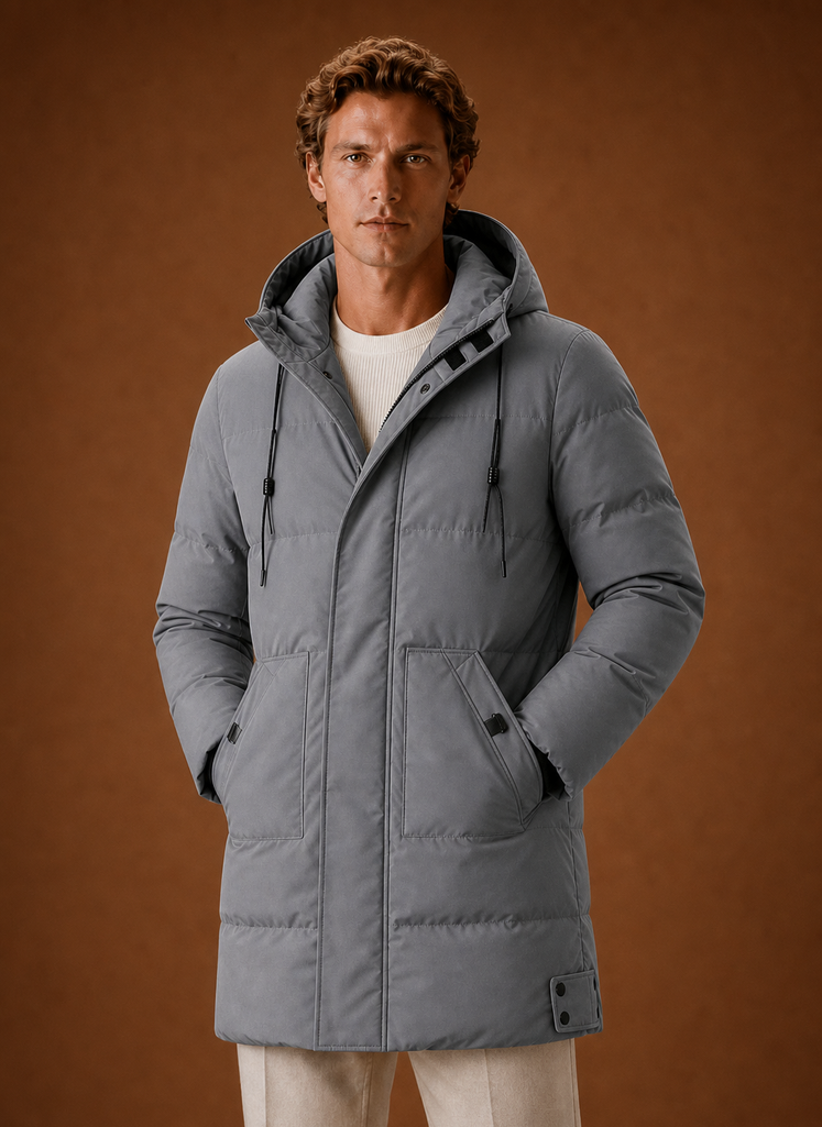 Front view of men's hooded puffer parka jacket in grey showing puffer channels and attached hood