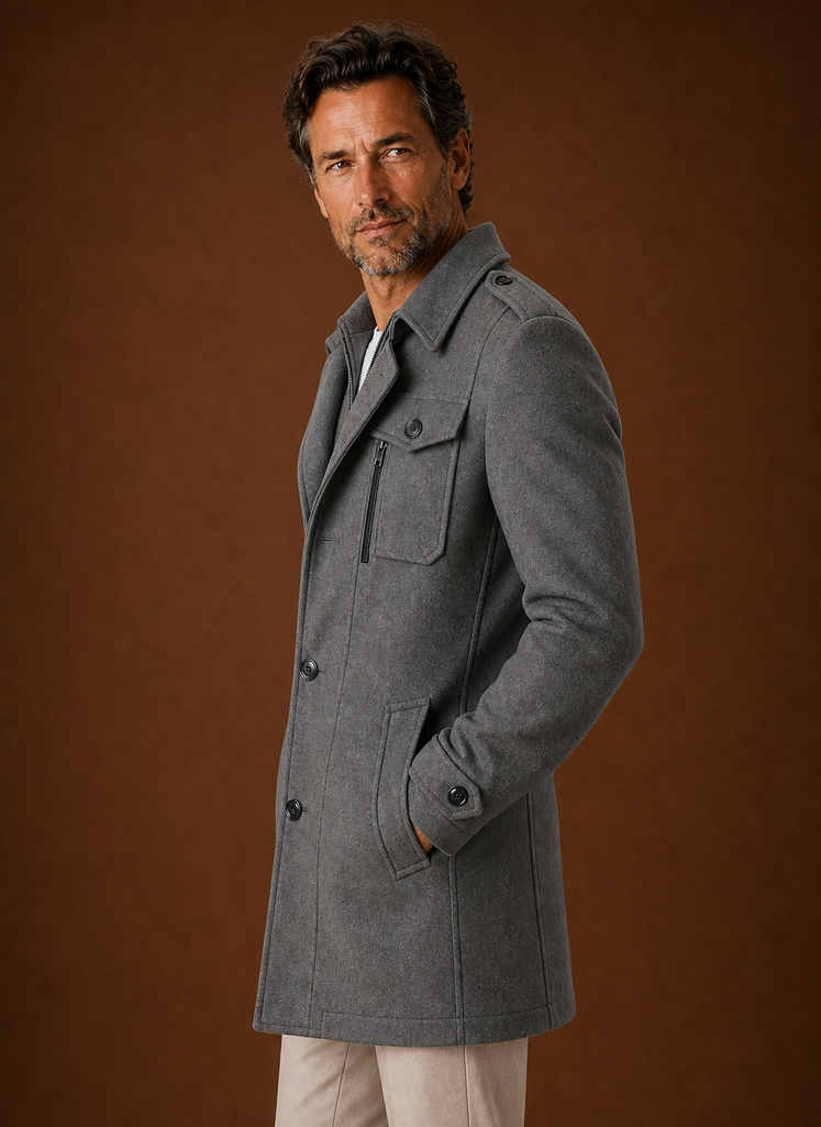 Side view of men's long coat showing longline profile and fitted sleeves