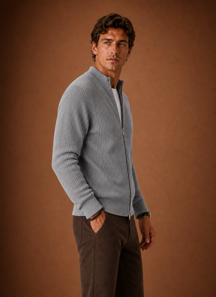 Men's Full Zip Knit Cardigan Sweater Ribbed Zip-Up Jacket | Areleon