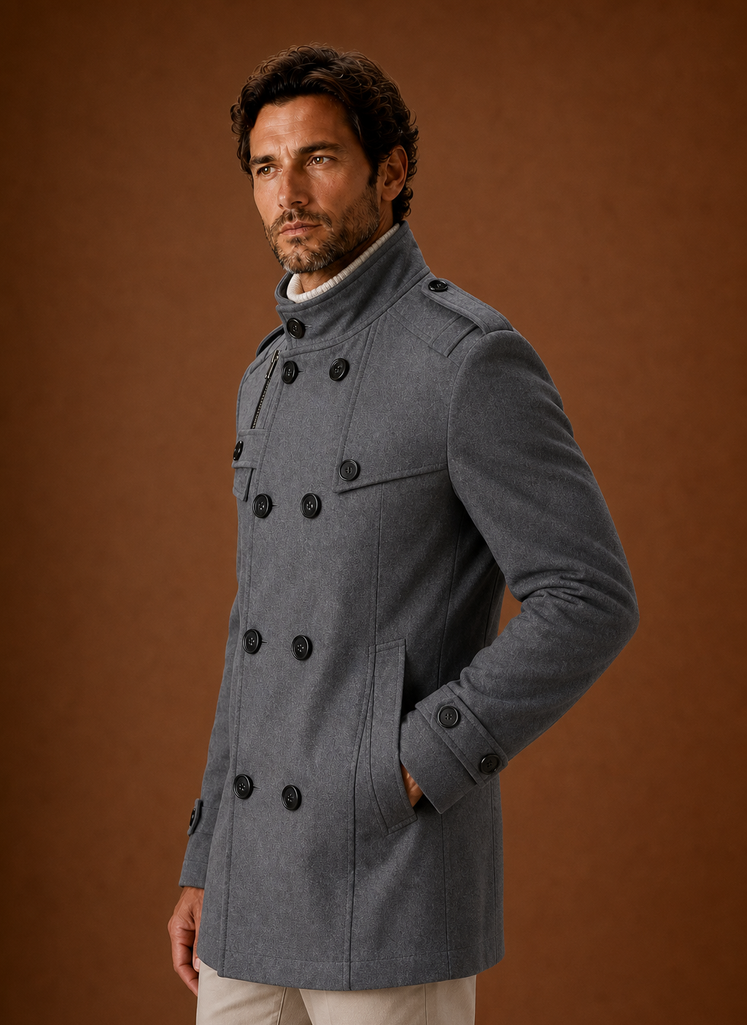 Side profile of men's double-breasted overcoat showing clean silhouette