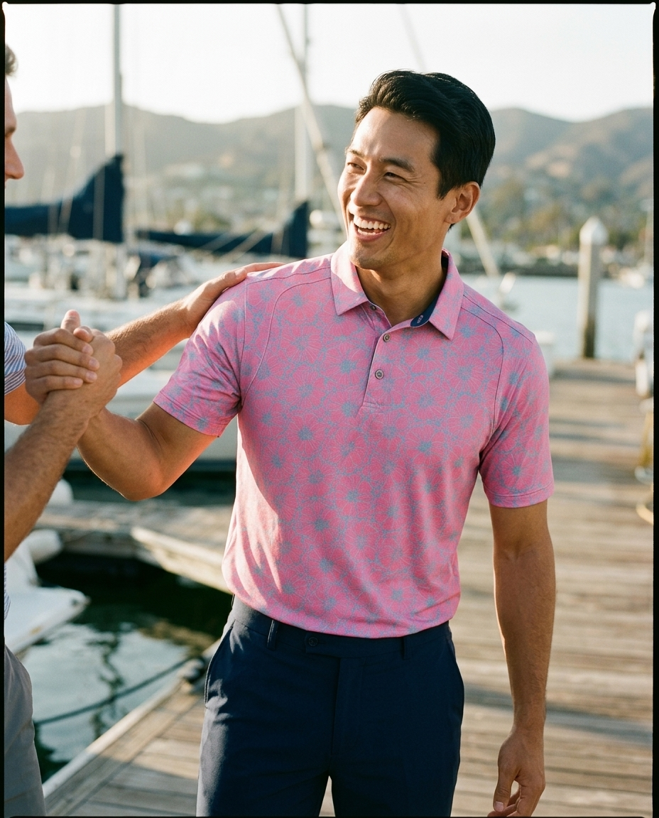 Man in watermelon floral NIAM 3-button polo, lifestyle on course