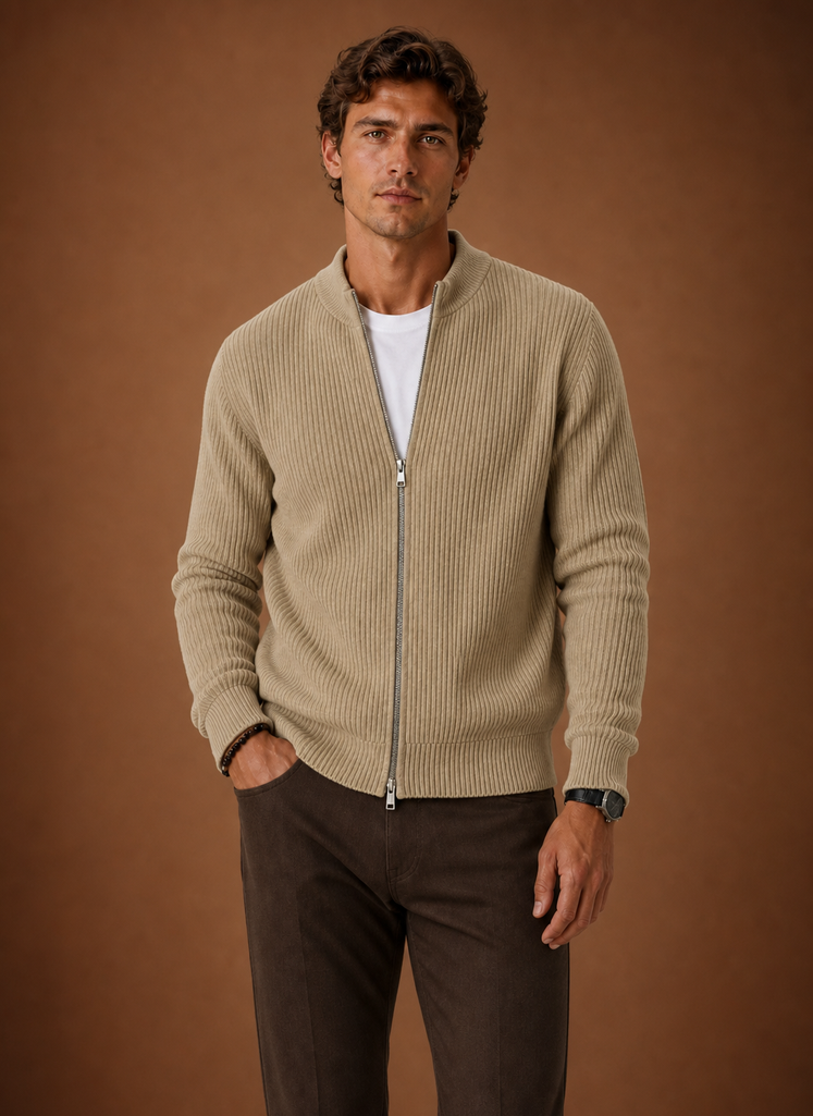 Men's Full Zip Knit Cardigan Sweater Ribbed Zip-Up Jacket | Areleon