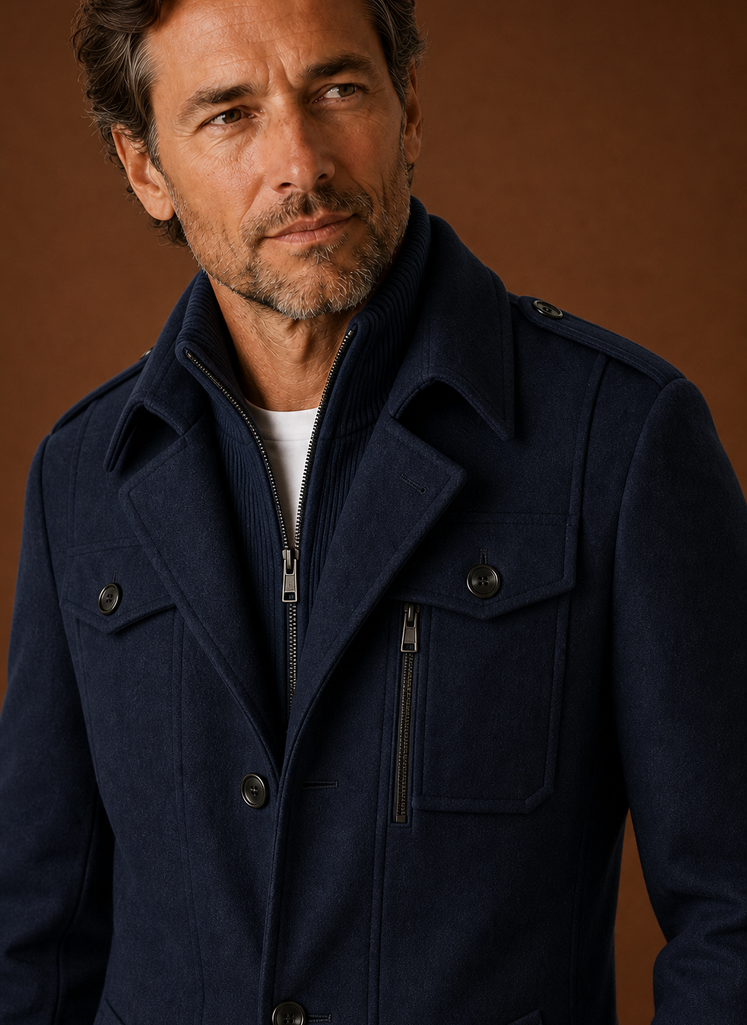 Close-up of coat showing button-front detail and fabric texture