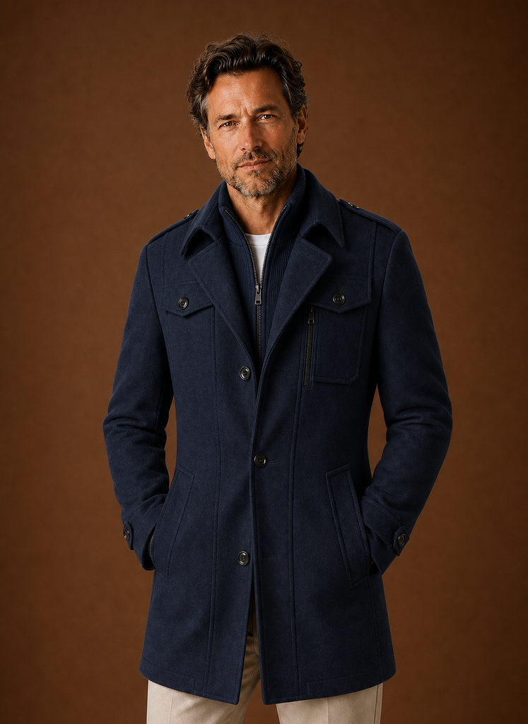 Front view of men's long coat showing single-breasted button front and tailored silhouette
