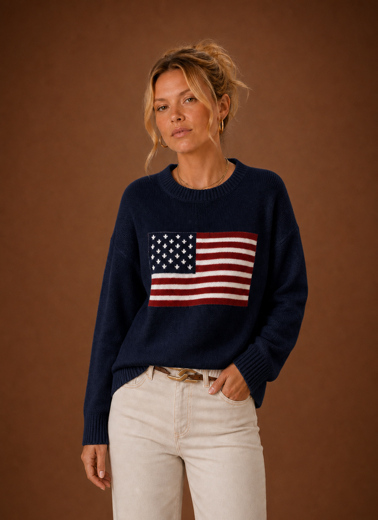 Front view of Areleon American Flag crew neck pullover with flag graphic on chest