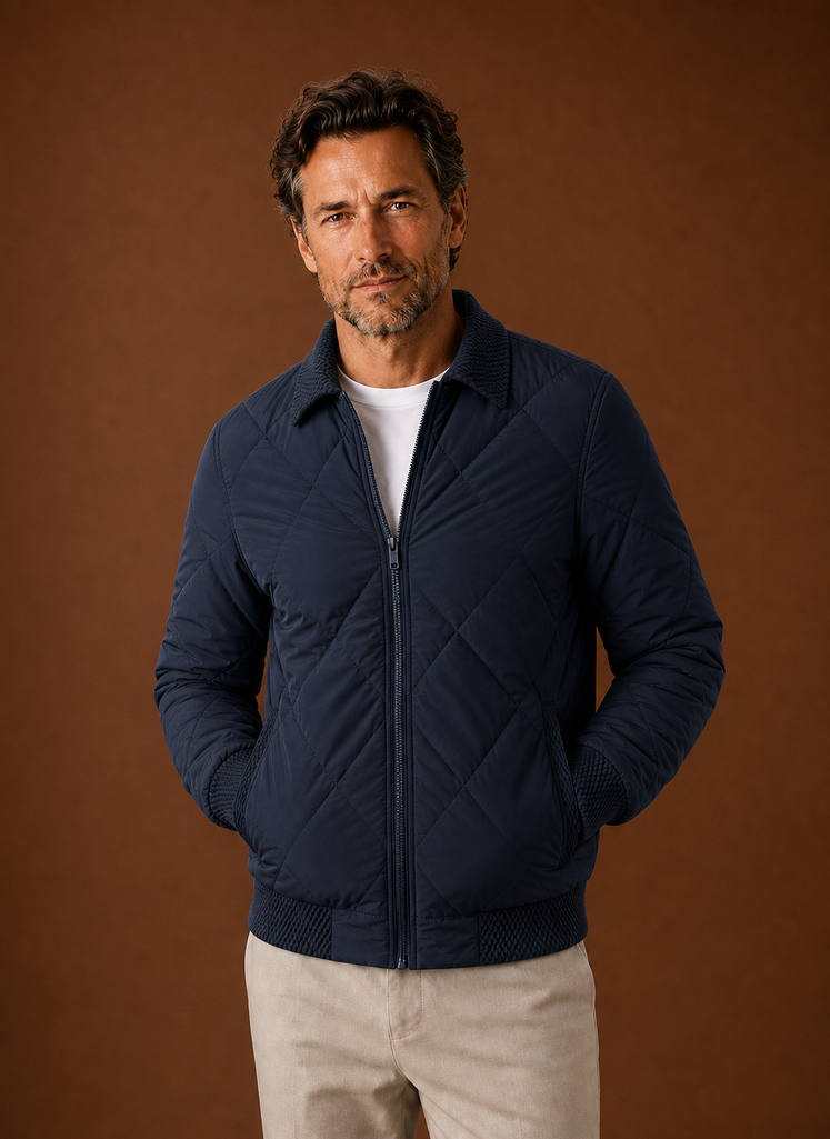 Front view of men's quilted bomber jacket with zip closure