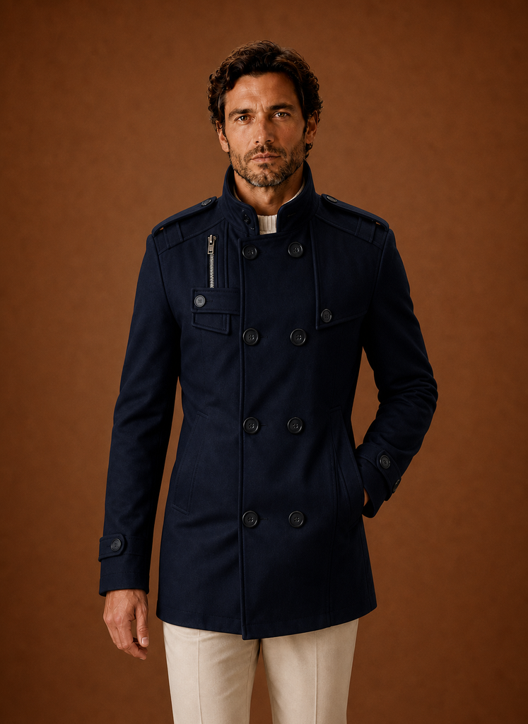 Front view of men's double-breasted overcoat on mannequin with buttoned front