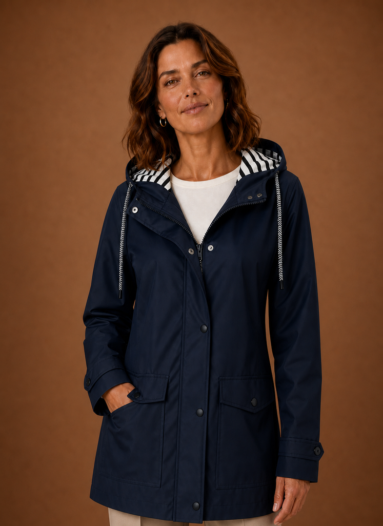 Front view of women's hooded trench coat on mannequin showing hood and streamlined front silhouette