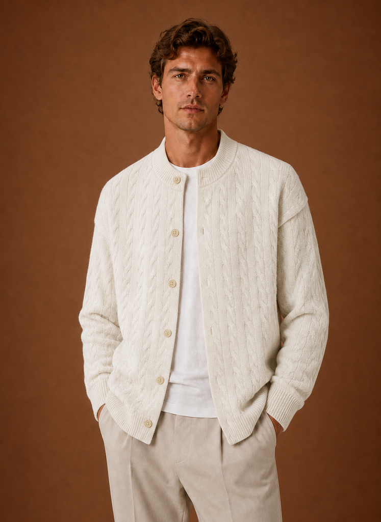 Front view of men's cable knit cardigan with button-front closure on a mannequin