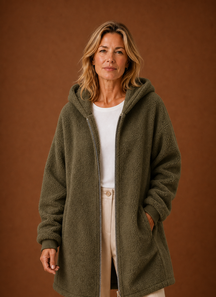 Women's Long Fleece Hooded Winter Jacket front view