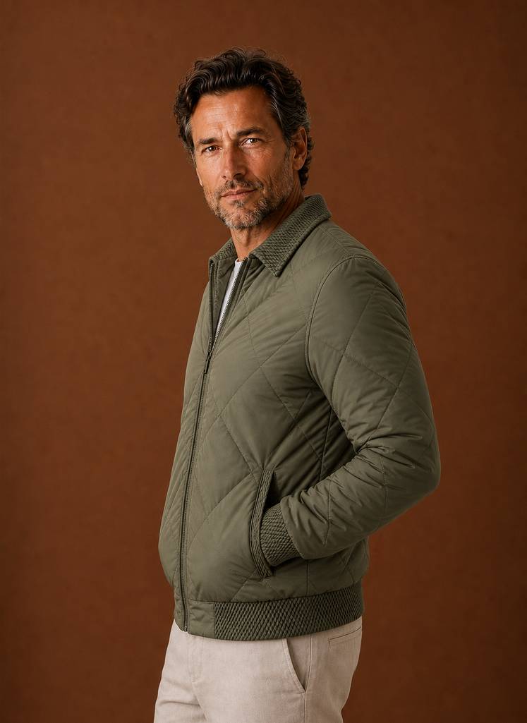 Side profile of men's quilted bomber jacket showing silhouette and pocket
