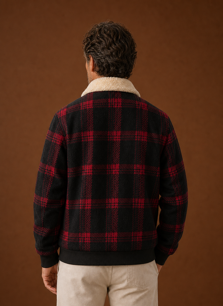 Back view of men's bomber jacket highlighting the classic silhouette and ribbed hem
