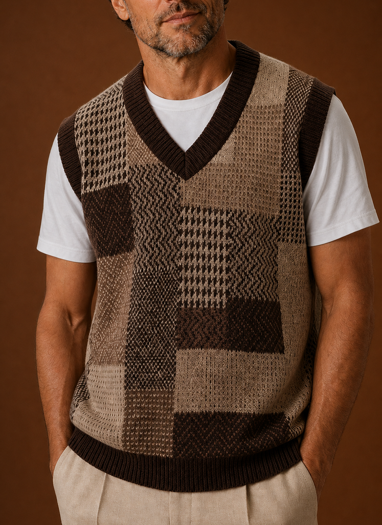 Men's V-Neck Knit Sweater Vest closeup view