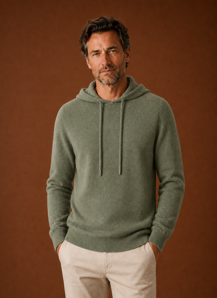 Front view of Areleon men's knitted hooded pullover