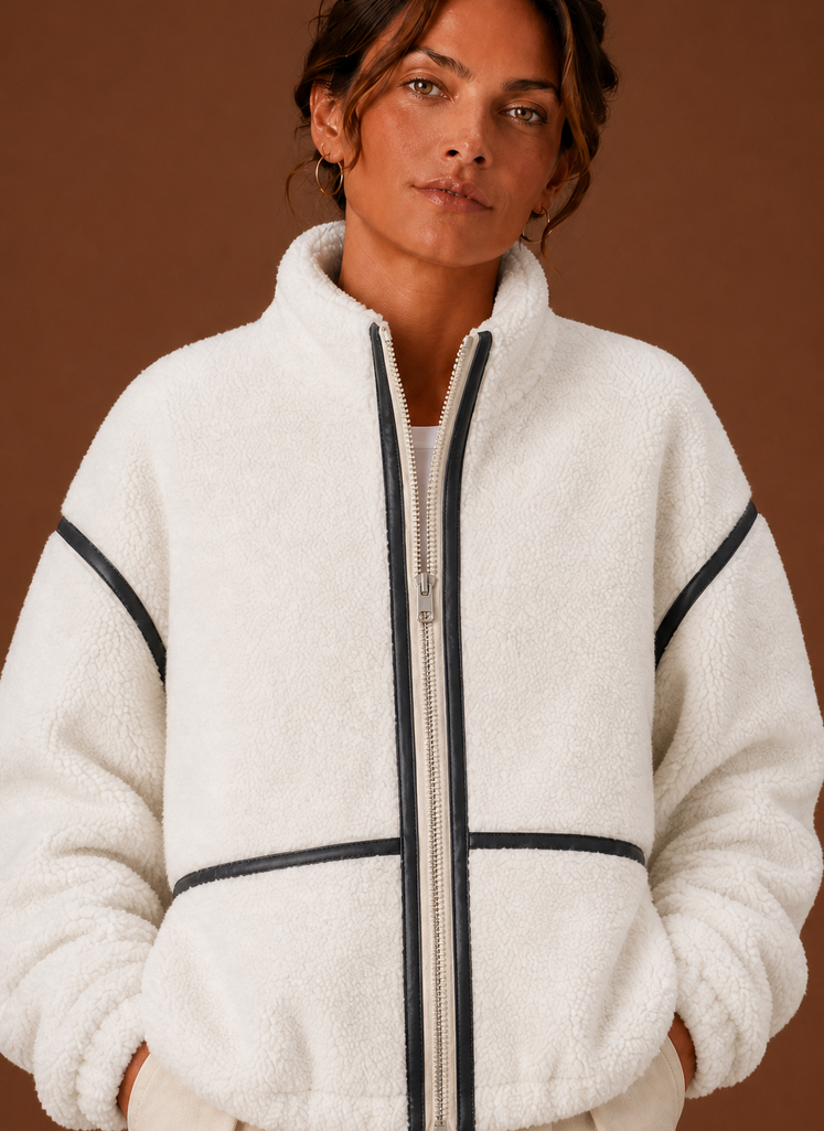 Close-up detail of jacket showing texture and pocket stitching