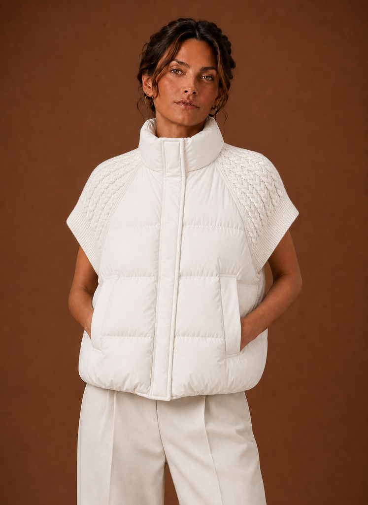 Front view of women's puffer vest with knit shoulder panels on a mannequin