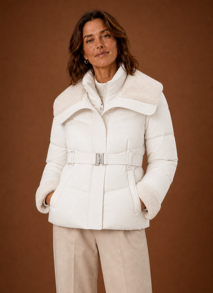 Front view of the women's belted puffer jacket on a plain background