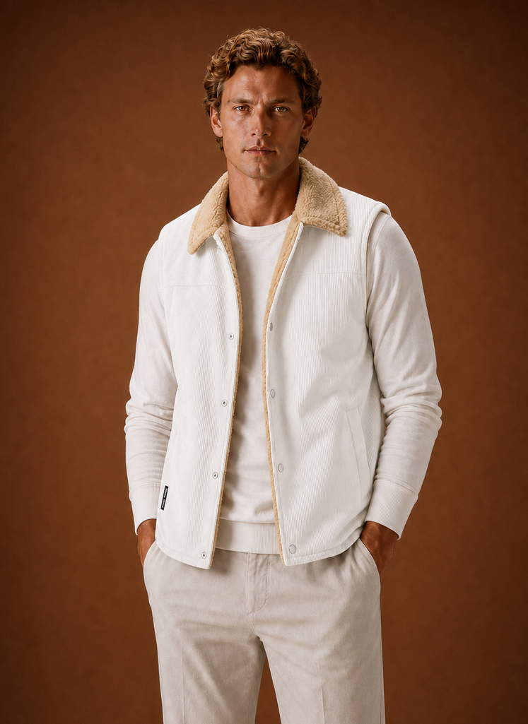 Front view of men's sherpa-lined corduroy vest on a neutral background showing sleeveless gilet silhouette