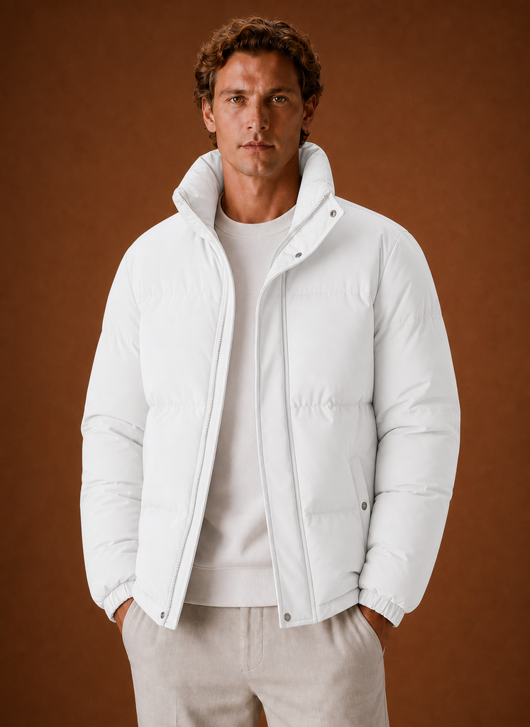 Front view of a men's oversized puffer jacket on a mannequin, showing the relaxed fit